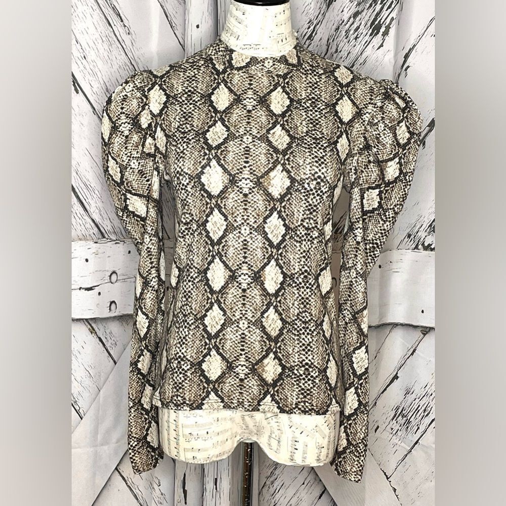 Free Kisses Snakeskin Print Top Mock Turtleneck Puffed Sleeve M